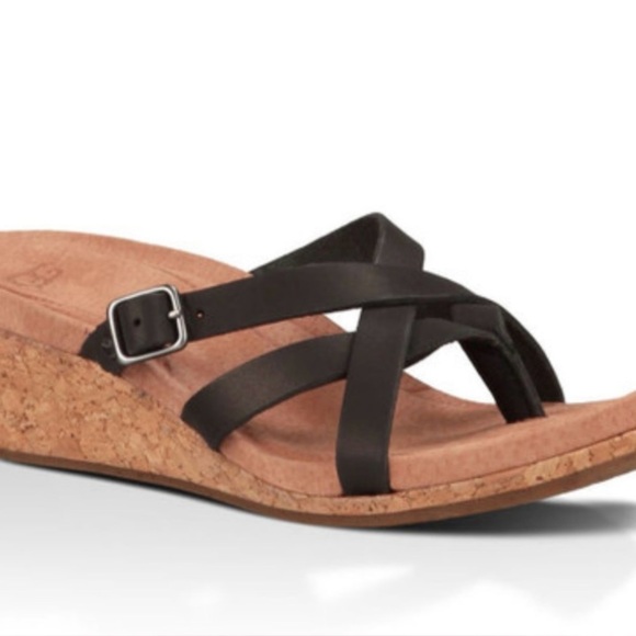NWT UGG Adalie Cork Wedge Thong Brown Leather Sandal Cushioned Footbed Size 7M - Picture 3 of 5